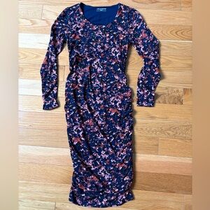 Side Ruched Womens Long Sleeve Maternity Dress | Navy Print | A Pea in the Pod